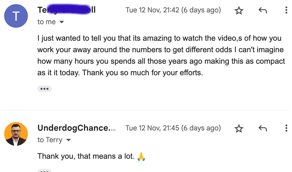 Email from Terry about the Underdog Chance model videos